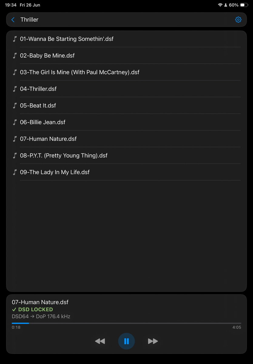Bareplay on iPad showing a DSD LOCKED bit-perfect badge