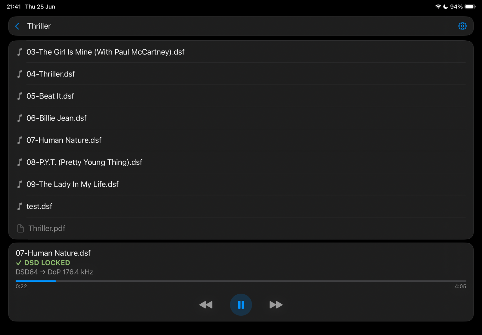 Bareplay on iPad — a full-width file browser with the player docked along the bottom