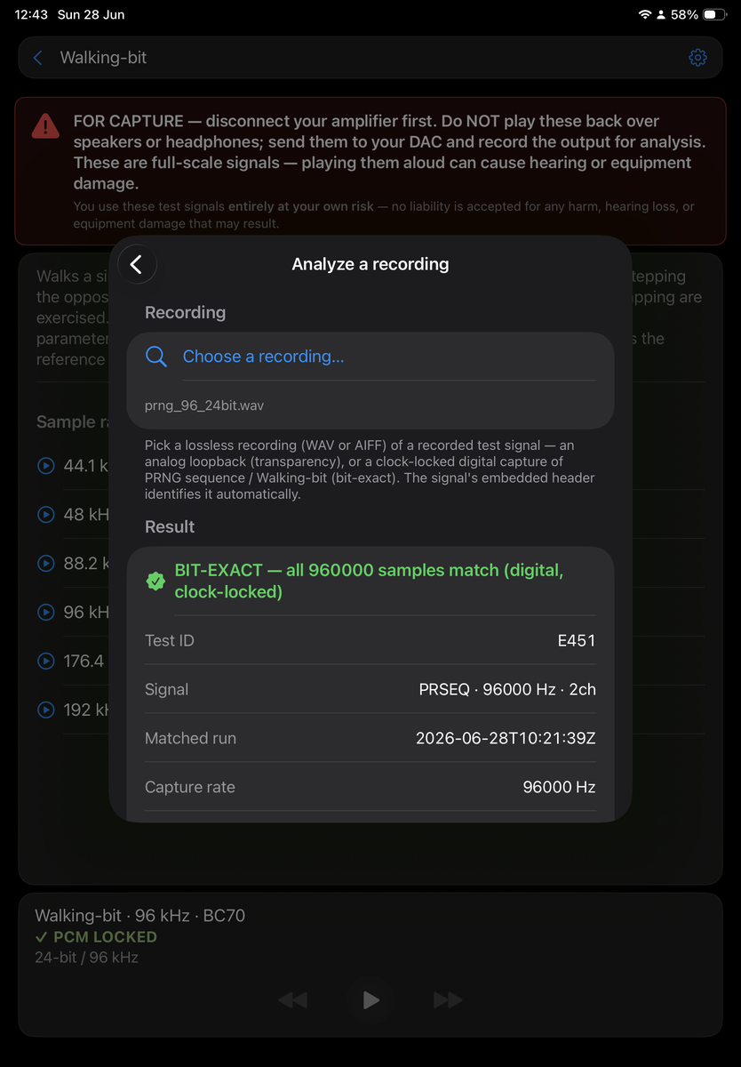 Bareplay on iPad: a PRNG sequence 96 kHz capture analyzed as bit-exact