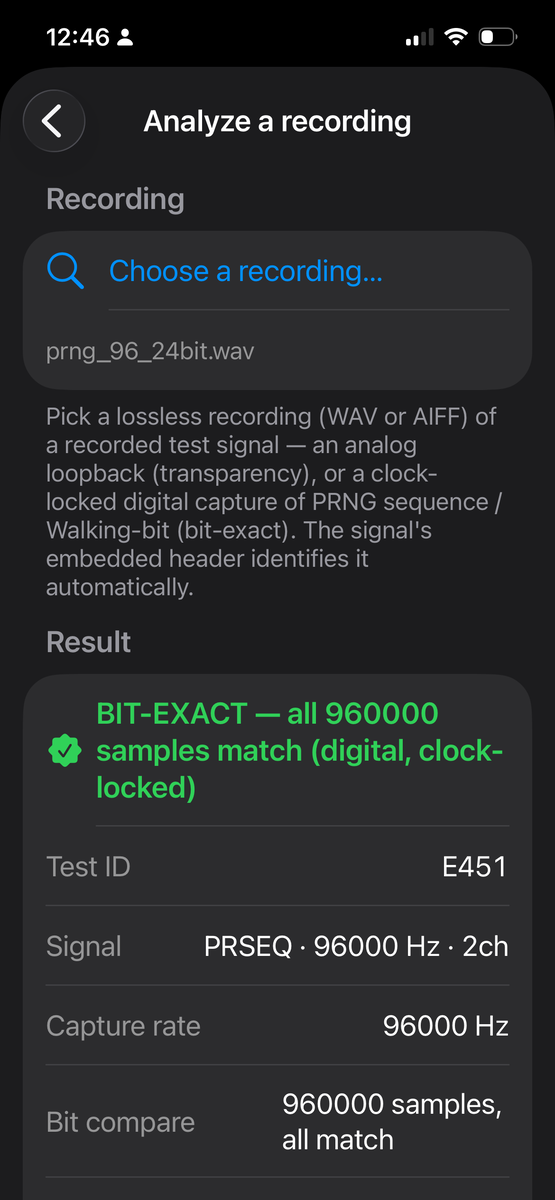 Bareplay on iPhone: a PRNG sequence 96 kHz capture analyzed as bit-exact