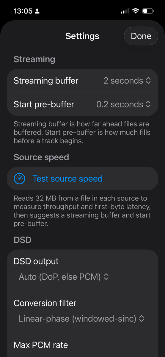 Bareplay settings on iPhone — streaming buffers, source-speed test, and DSD output