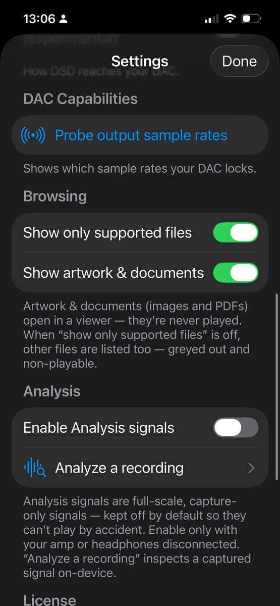 Bareplay settings on iPhone — DAC sample-rate probe, browsing, and on-device analysis