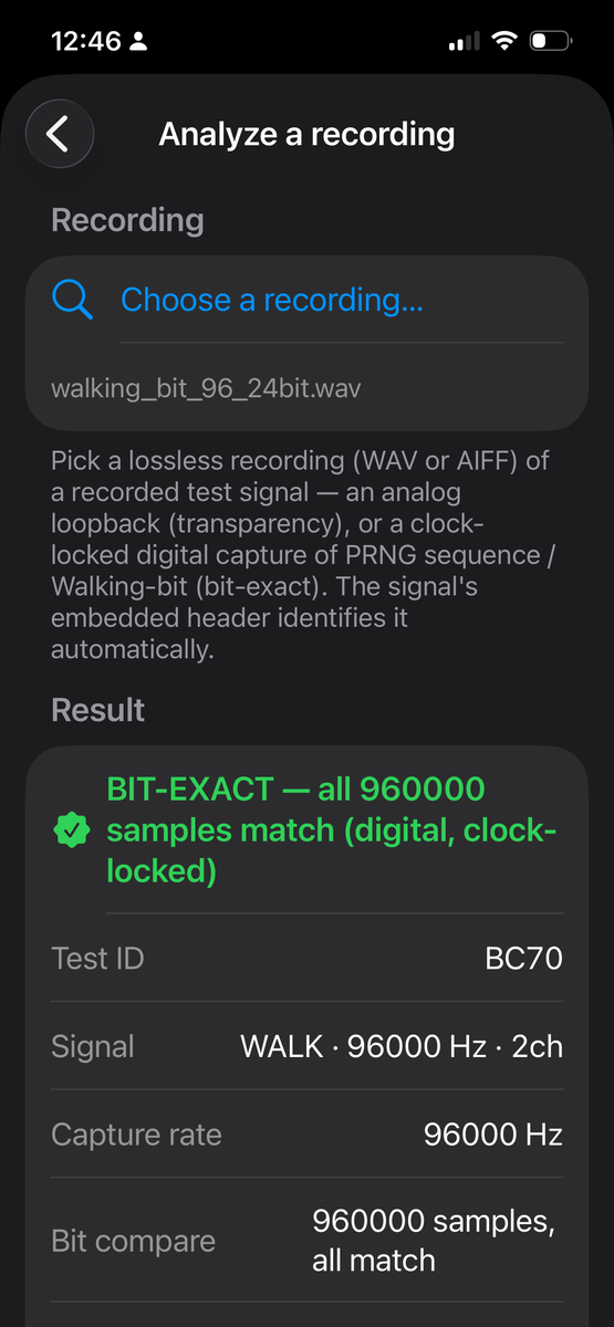 Bareplay on iPhone: a Walking-bit 96 kHz capture analyzed as bit-exact